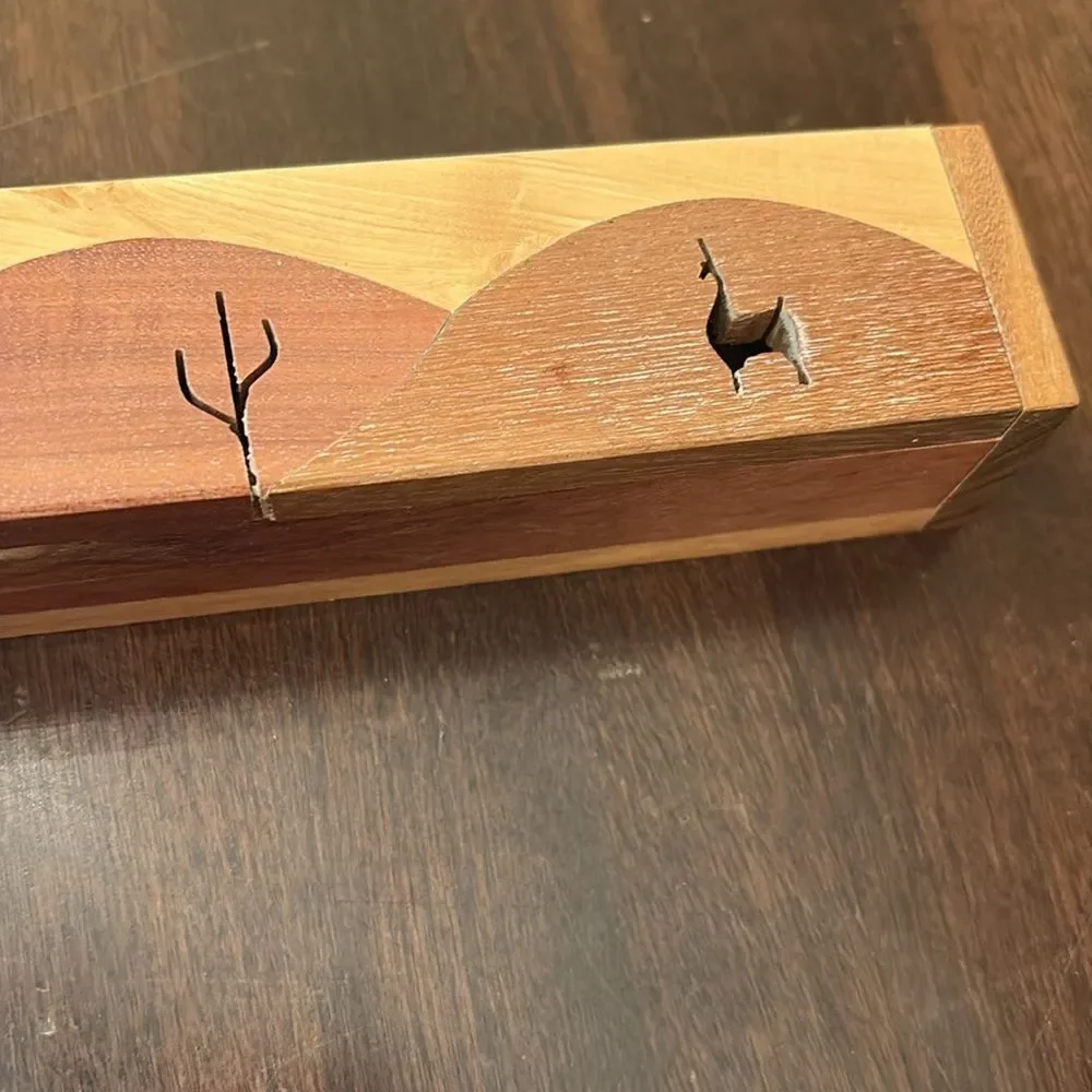 Handcrafted Wood Box mountains, cactus llama
